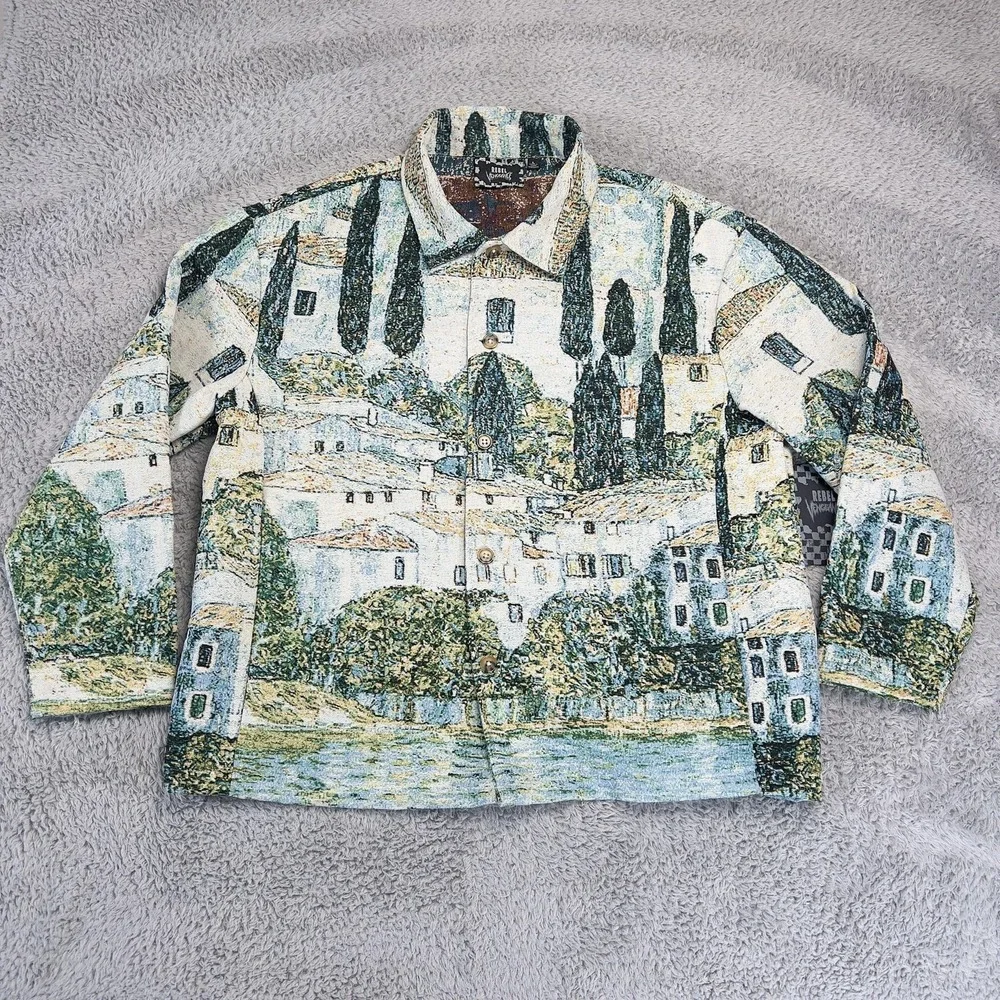 Rebel Vengeance Jacket Mens Large Multicolor Tapestry Art Cityscape Bomber